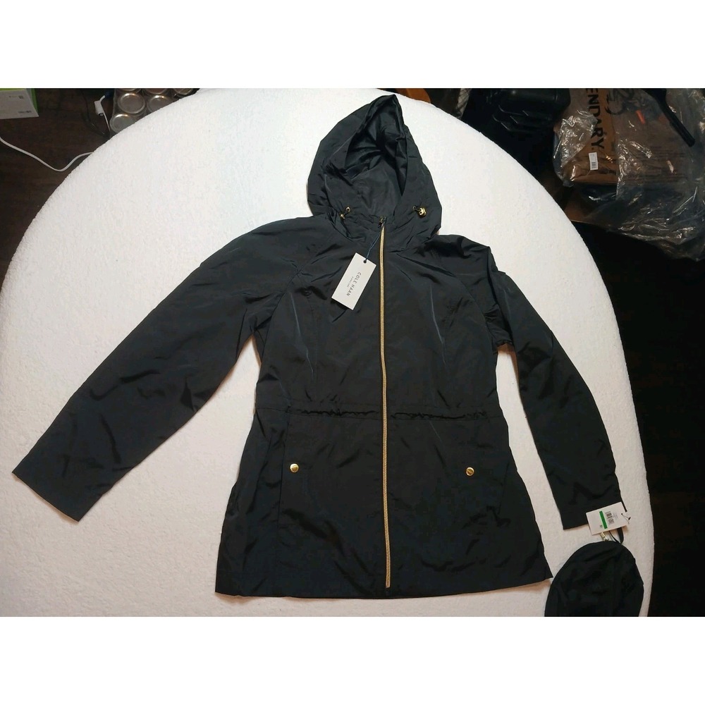 Cole Haan Women's Signature Packable Hooded Rain Jacket Black Anorak Large